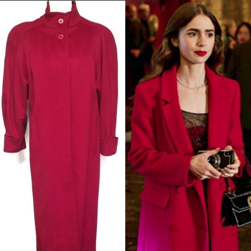70s Vintage Ashley Scott Castner Knott Red Wool Pleated Mockneck Trench Coat M